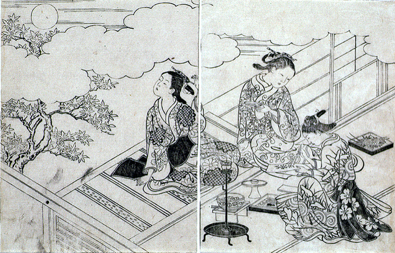 Nishikawa Sukenobu: “Moon Viewing (aka Occupations of Women)”, 1730. Ink on Paper - tissue.