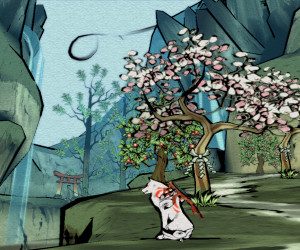 An in-game screen shot of Amaterasu and landscape (detail), "Okami," displays many commonalities with the traditional subject matter and compostion of Japanese prints. Here, both subjects, bedecked with colorful symbols, face left, toward a waterfall and rocks. Overhead, the branches of a flowering cherry tree arch over each of them. The path created by the line of rats in Chikanobu's work is echoed by the path to the right of the wolf. A sense of mystery and magic emanates from both images.