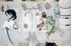 Susan Lautmann Hertel, Cats on the Sink, 1975, Oil on canvas, 40 in. x 62 in., Gift of James Strombotne, Scripps College