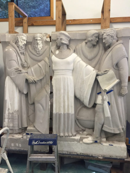 A pie-bald plaster relief depicts Portia in Shakespeare's "The Merchant of Venice." Scripps conservation interns are in the process of restoring the work under the guidance of professional conservator Donna Williams.